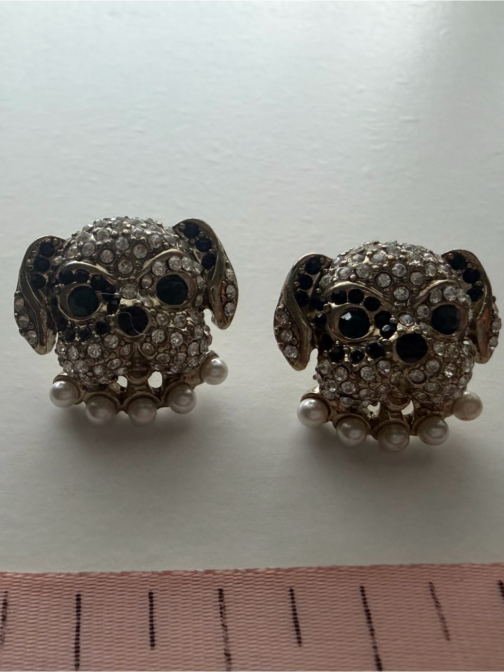 Betsey Johnson Clear Crystal and Black Accent Dog Face Pearl Drop Earrings